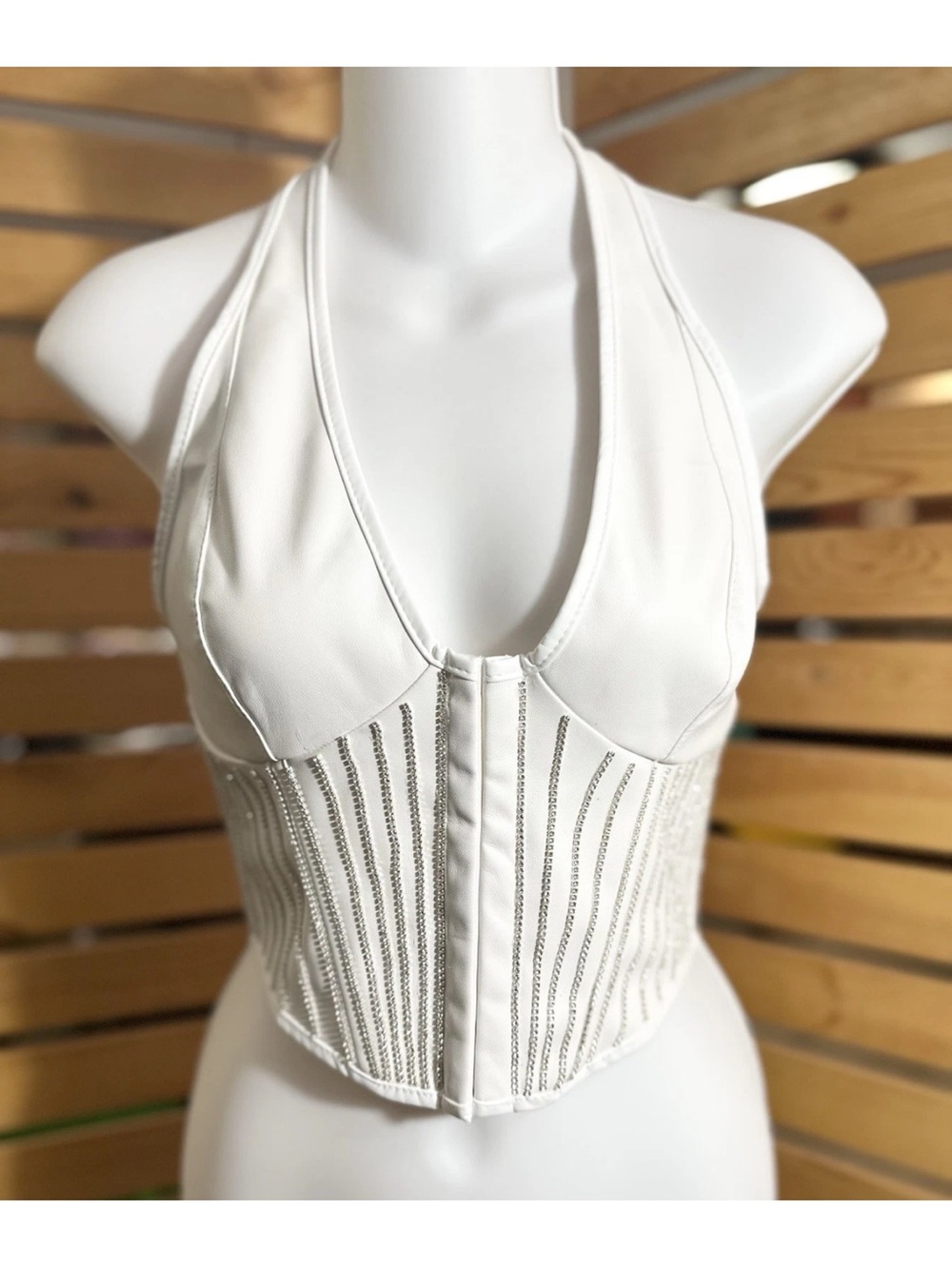 White Halter Corset Crop Top with Beaded Vertical Trim